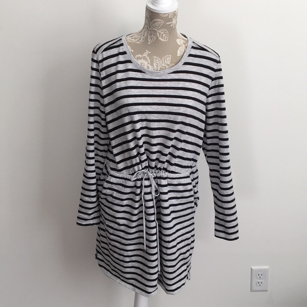 Striped Drawstring Waist Long Sleeve Women’s Dress - Black/White